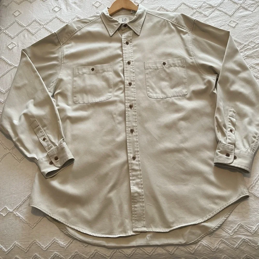 Vintage Gap Light Khaki Button Up Shirt Men's‎ L Utility Pockets Casual Workwear